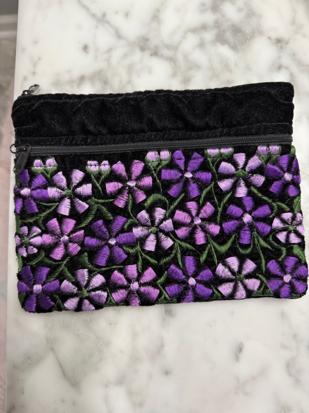 Embroidered Purple Floral Zip Pouch